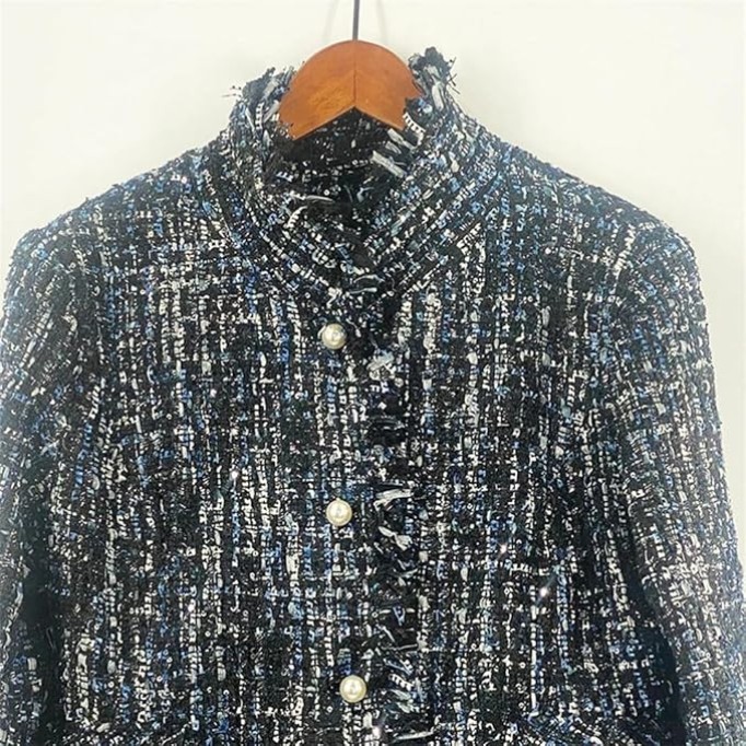 Womens Dark Blue Tweed Jacket Jacket Coat Classic Ladies Wild Bright Wire Braided Tweed Jacket