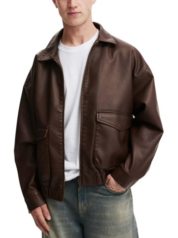 Men’s 100% Sheepskin Leather Bomber Jacket – Retro Oversized Fit with Large Pockets & Shirt Collar