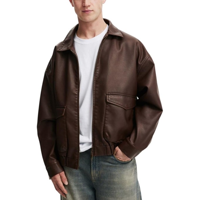 Men’s 100% Sheepskin Leather Bomber Jacket – Retro Oversized Fit with Large Pockets & Shirt Collar