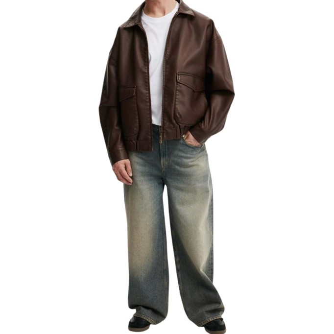Men’s 100% Sheepskin Leather Bomber Jacket – Retro Oversized Fit with Large Pockets & Shirt Collar