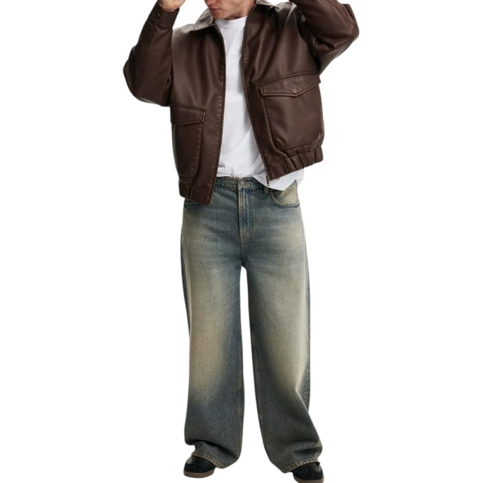 Men’s 100% Sheepskin Leather Bomber Jacket – Retro Oversized Fit with Large Pockets & Shirt Collar