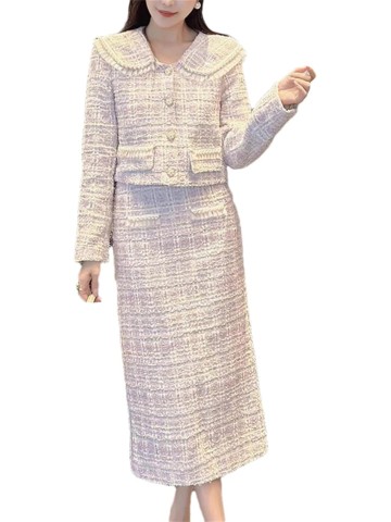 Women's Fashion Two Piece Set Tweed Jacket Coat + Skirt Set Fall Winter 2 Piece Outfits