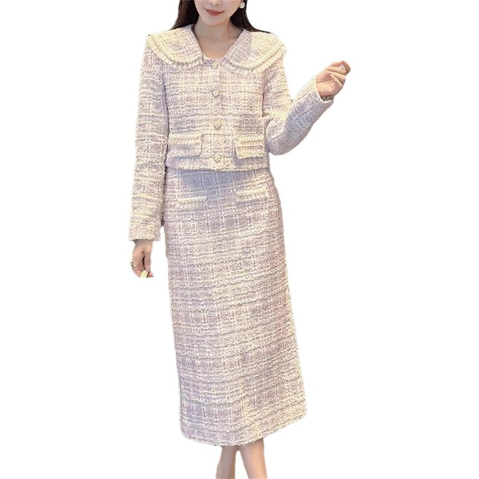 Women's Fashion Two Piece Set Tweed Jacket Coat + Skirt Set Fall Winter 2 Piece Outfits