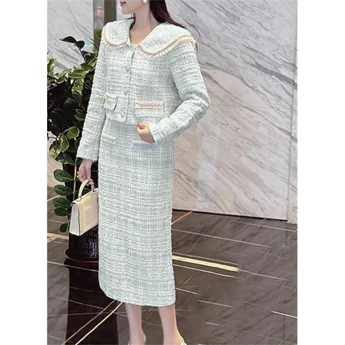 Women's Fashion Two Piece Set Tweed Jacket Coat + Skirt Set Fall Winter 2 Piece Outfits