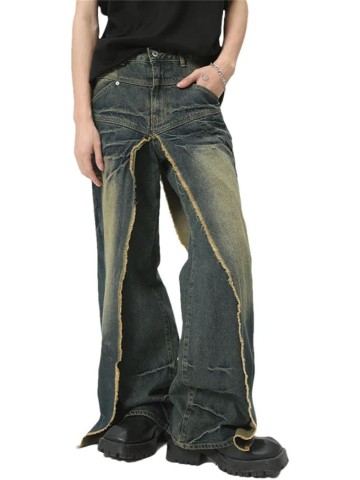 Men's Denim Pants Stylish Casual Fake Two-Piece Pockets Trousers Loose Jeans