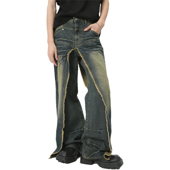 Men's Denim Pants Stylish Casual Fake Two-Piece Pockets Trousers Loose Jeans