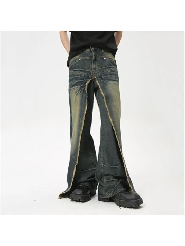 Men's Denim Pants Stylish Casual Fake Two-Piece Pockets Trousers Loose Jeans