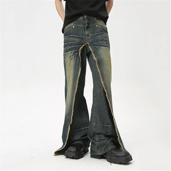 Men's Denim Pants Stylish Casual Fake Two-Piece Pockets Trousers Loose Jeans
