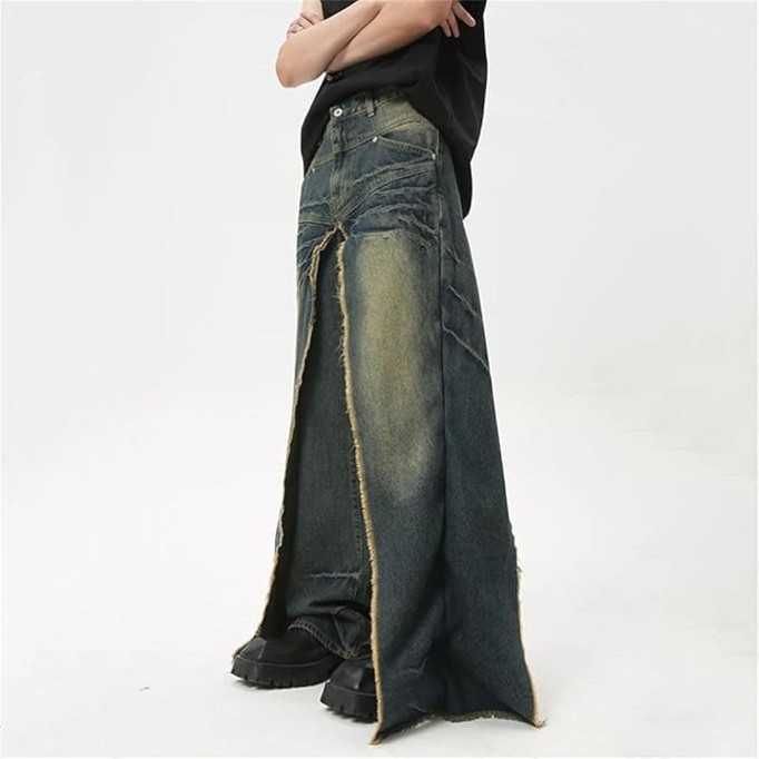 Men's Denim Pants Stylish Casual Fake Two-Piece Pockets Trousers Loose Jeans