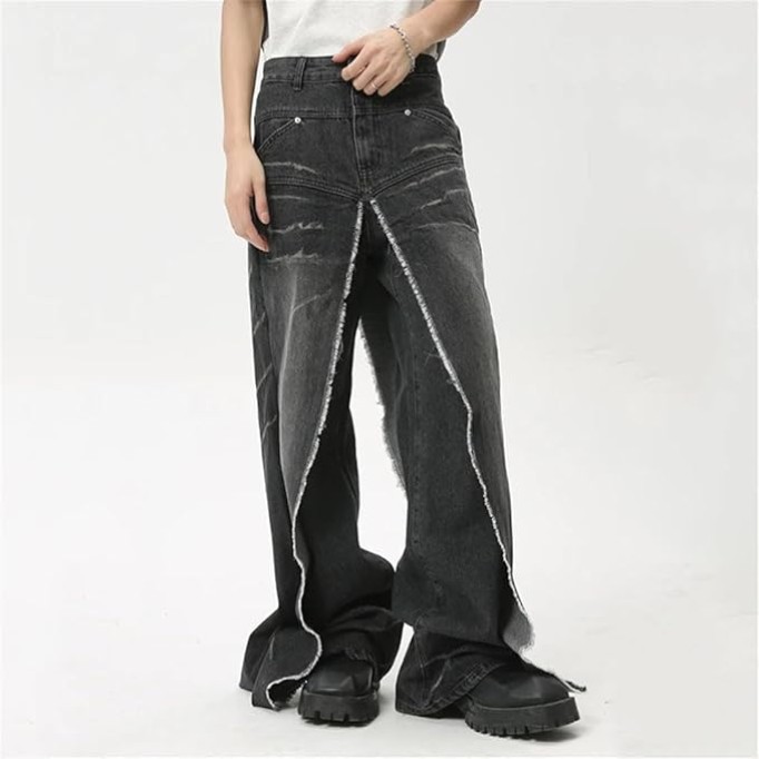 Men's Denim Pants Stylish Casual Fake Two-Piece Pockets Trousers Loose Jeans