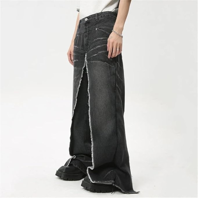 Men's Denim Pants Stylish Casual Fake Two-Piece Pockets Trousers Loose Jeans