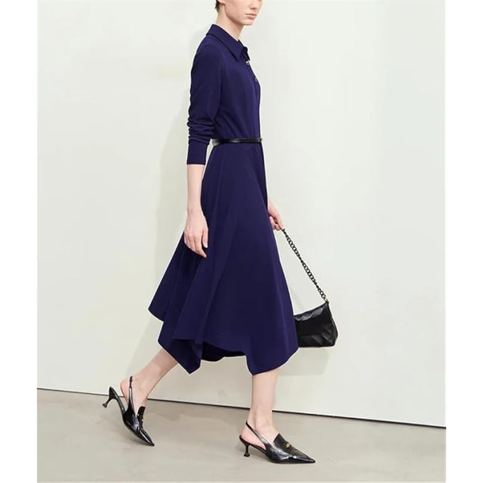 Women's Lapel Half Cardigan Dresses Irregular Hem Tunic Waist Long Elegant Office Dress