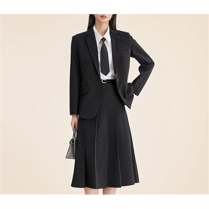 Women’S Spring Curvy Fit Notch Lapel Blazer + High Waist Skirt Office Two-Piece Set