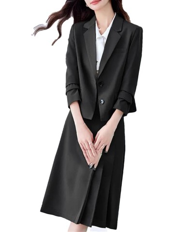 Women Fashion Two-Piece Set Vintage Tweed Single Breasted Blazer Female Short Jacket Pleated Skirt Suit Ladies