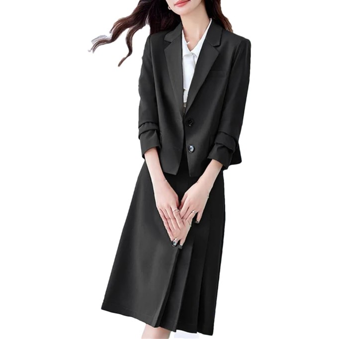 Women Fashion Two-Piece Set Vintage Tweed Single Breasted Blazer Female Short Jacket Pleated Skirt Suit Ladies