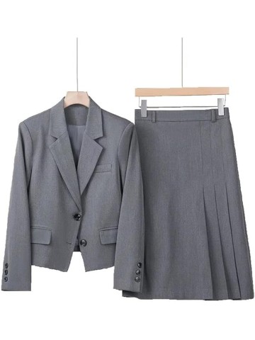 Women Fashion Two-Piece Set Vintage Tweed Single Breasted Blazer Female Short Jacket Pleated Skirt Suit Ladies