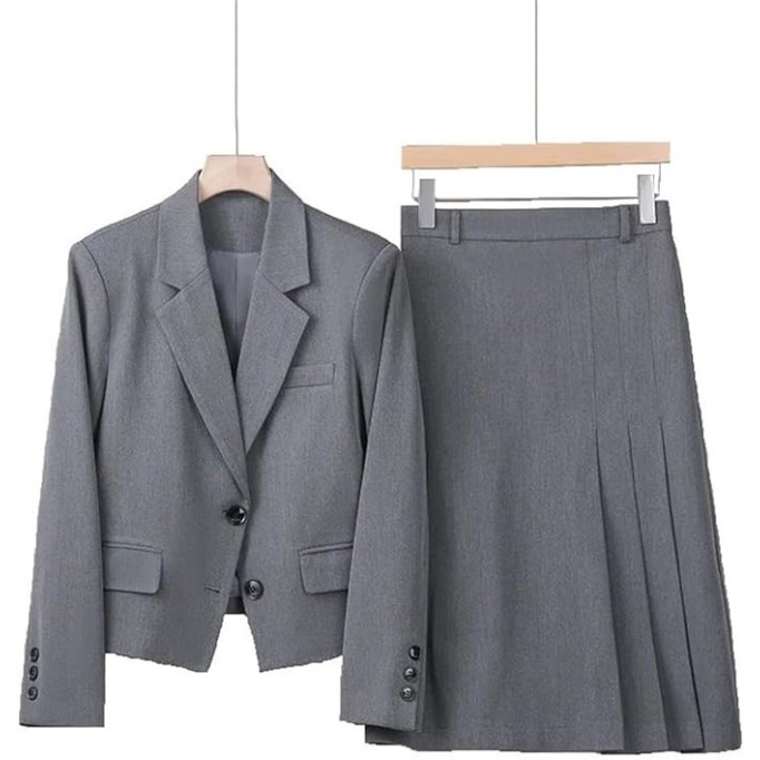 Women Fashion Two-Piece Set Vintage Tweed Single Breasted Blazer Female Short Jacket Pleated Skirt Suit Ladies