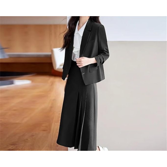 Women Fashion Two-Piece Set Vintage Tweed Single Breasted Blazer Female Short Jacket Pleated Skirt Suit Ladies