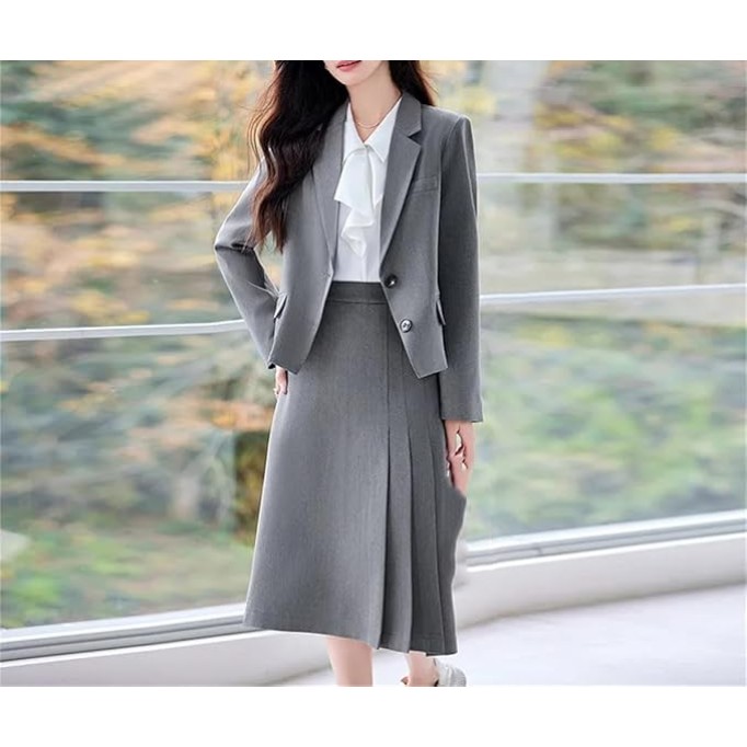 Women Fashion Two-Piece Set Vintage Tweed Single Breasted Blazer Female Short Jacket Pleated Skirt Suit Ladies
