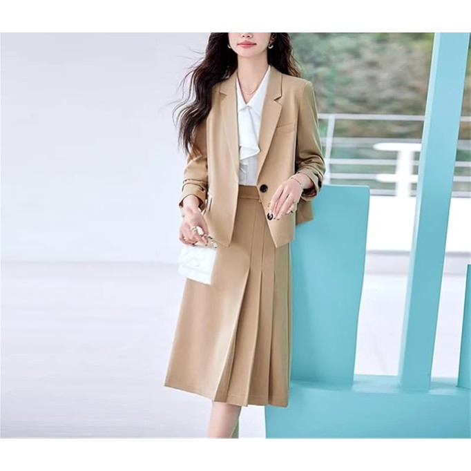 Women Fashion Two-Piece Set Vintage Tweed Single Breasted Blazer Female Short Jacket Pleated Skirt Suit Ladies
