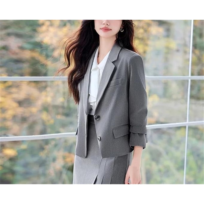 Women Fashion Two-Piece Set Vintage Tweed Single Breasted Blazer Female Short Jacket Pleated Skirt Suit Ladies