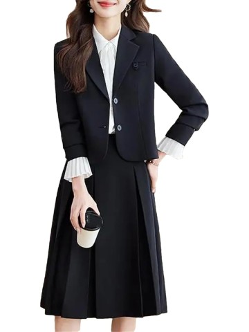Women Solid Elegant Long Sleeves Blazer Tops High Waist Slim Pleated Midi Skirt Ladies Workwear Two Piece Suit