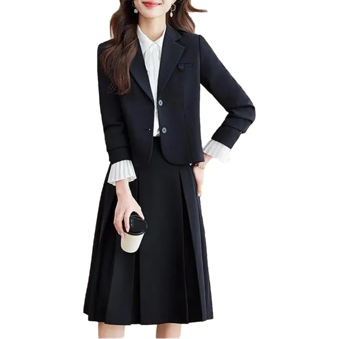 Women Solid Elegant Long Sleeves Blazer Tops High Waist Slim Pleated Midi Skirt Ladies Workwear Two Piece Suit