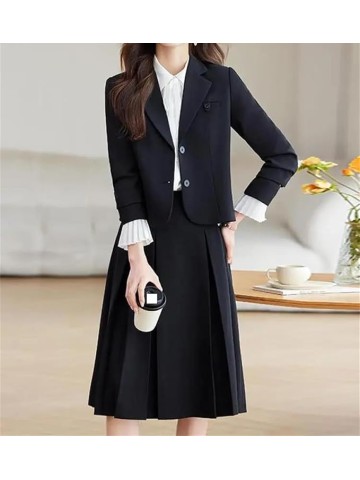 Women Solid Elegant Long Sleeves Blazer Tops High Waist Slim Pleated Midi Skirt Ladies Workwear Two Piece Suit