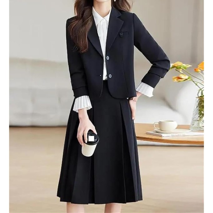 Women Solid Elegant Long Sleeves Blazer Tops High Waist Slim Pleated Midi Skirt Ladies Workwear Two Piece Suit