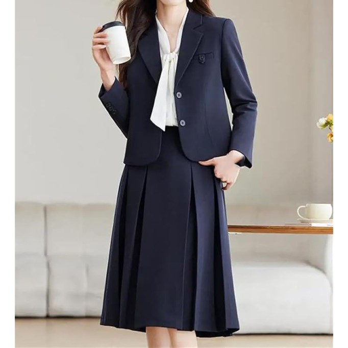 Women Solid Elegant Long Sleeves Blazer Tops High Waist Slim Pleated Midi Skirt Ladies Workwear Two Piece Suit