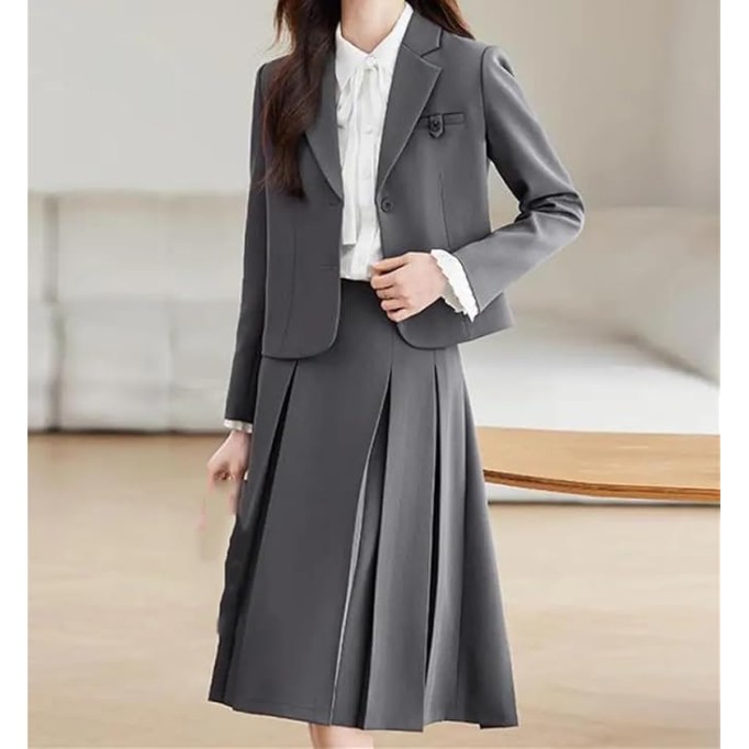 Women Solid Elegant Long Sleeves Blazer Tops High Waist Slim Pleated Midi Skirt Ladies Workwear Two Piece Suit