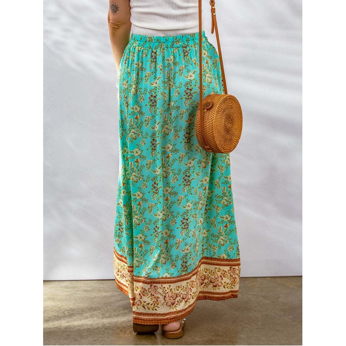BOHO CONTRAST COLOR FLORAL PRINT BUTTON SLIT MAXI SKIRT