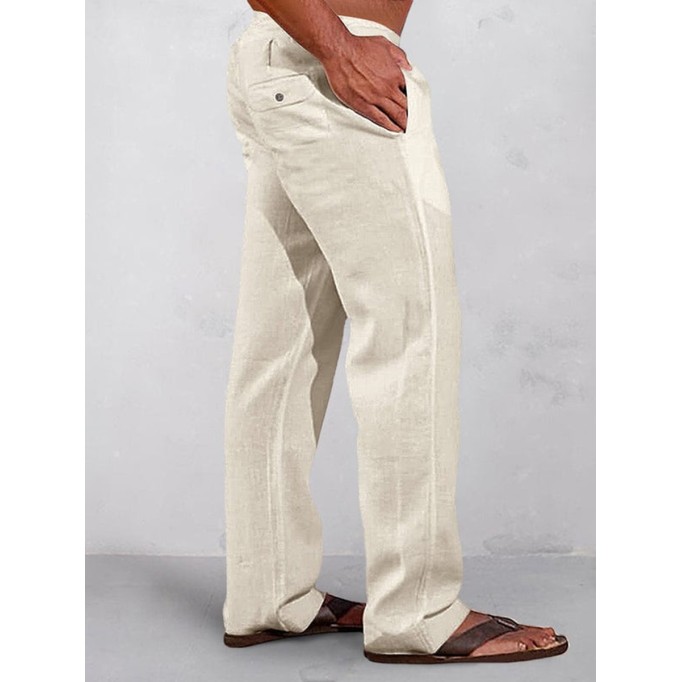 Casual solid color elastic waist cotton and linen straight pants