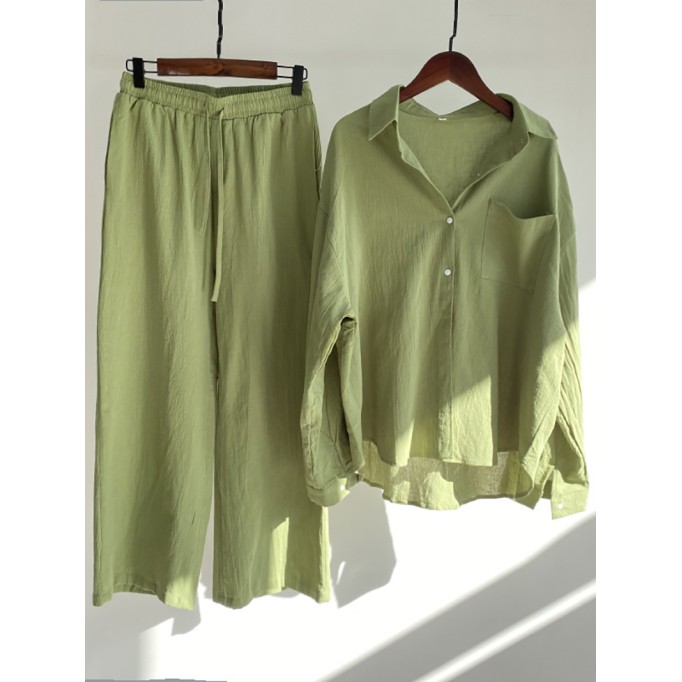 Cotton and linen shirt suit high waist loose trousers