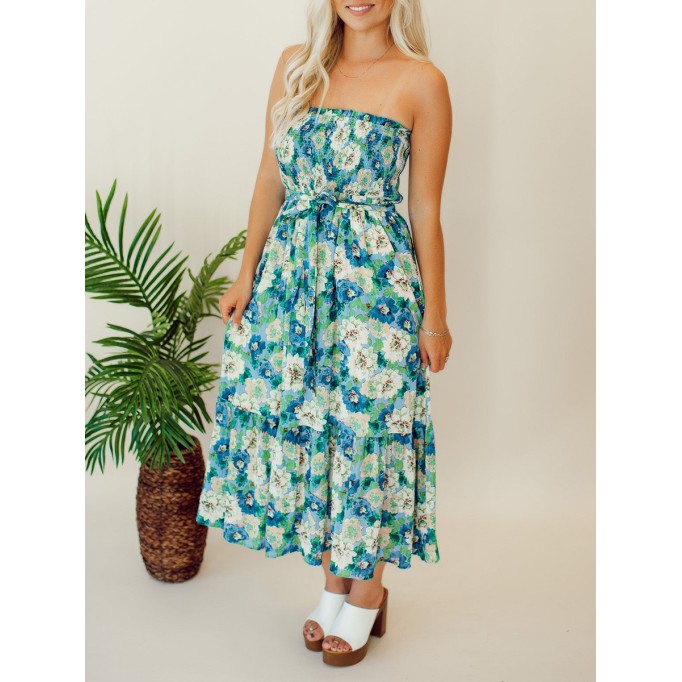 Floral patterned strapless mid length dress