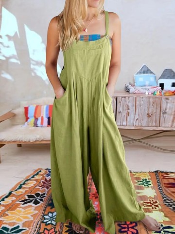 Green cotton and linen loose romper overalls