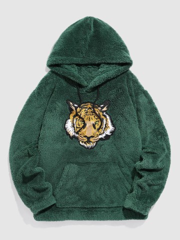 Men's tiger embroidered pocket puffy hoodie
