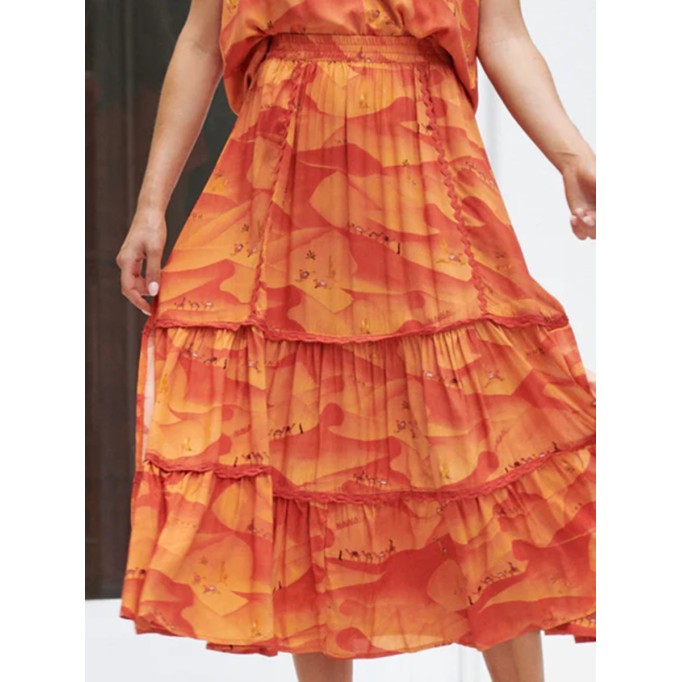 Orange V-neck cross neckline print waist dress