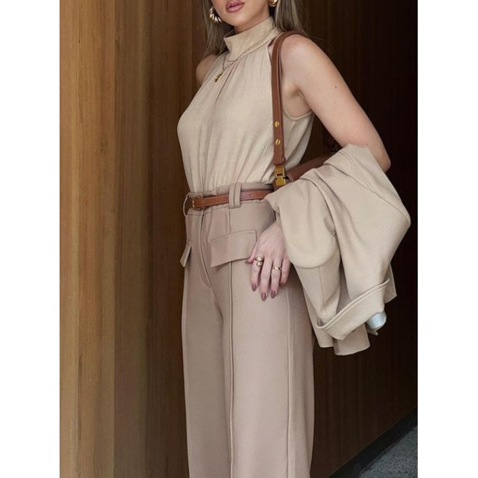 Simple women's halter top + patchwork wide-leg pant suit