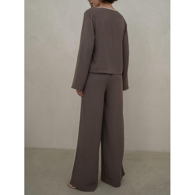 Solid color lace up cardigan wide leg pants two-piece set