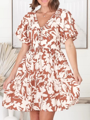 V-neck cross neckline printed waist mini dress