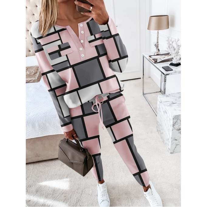 Women's Casual Colorblock Print Round Neck Split Button Two Piece Set