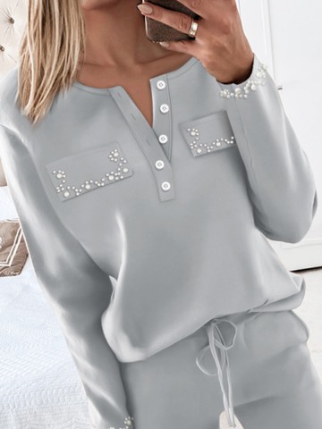 Women's solid color beaded top and pants two-piece set